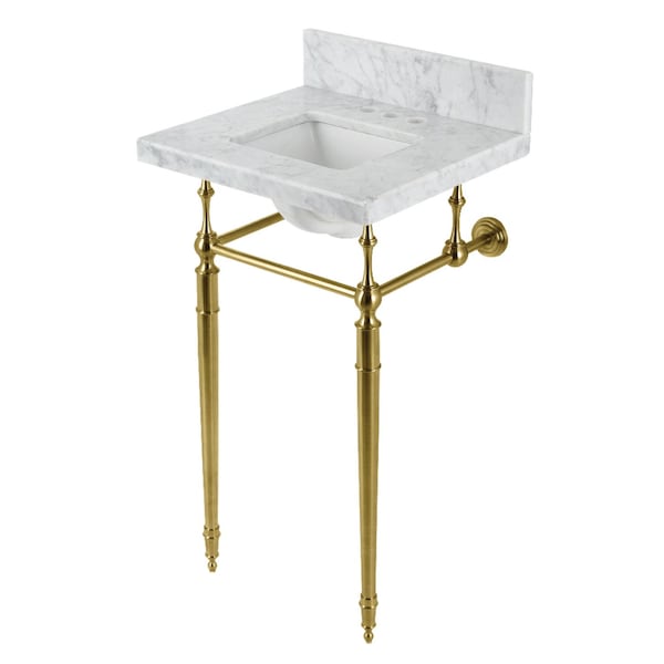 Kingston Brass 19 Carrara Marble Console Sink with Brass Legs 4 Faucet Drillings, Marble WhiteBrushed Brass KVPB1917M34SQ7 - main